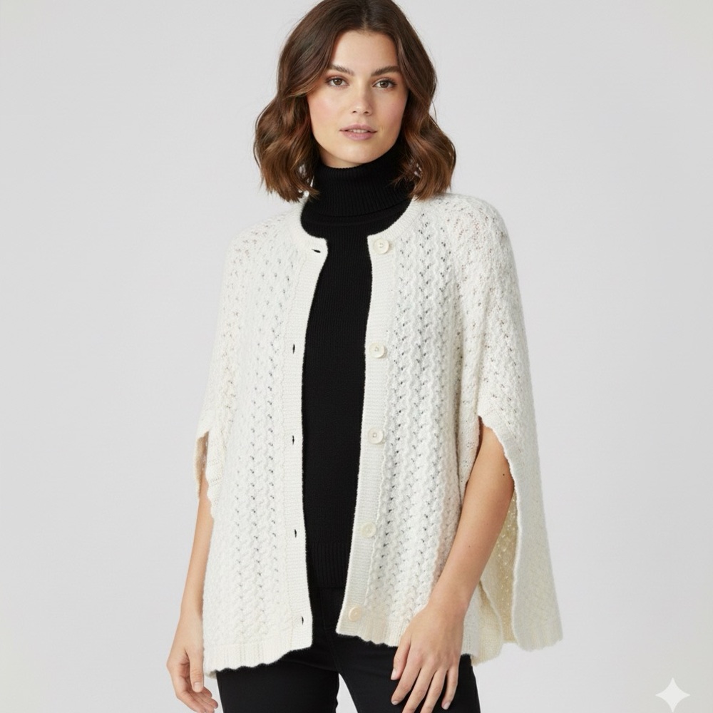 Vintage  White Knitted Cardigan, Sleeveless Side Slits Scalloped Trim, Size S/M